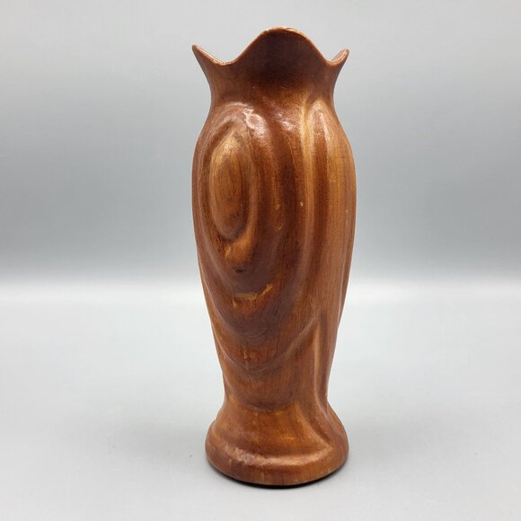 Vtg Handcrafted Carved Cherry Wood Folk Art Vase Les Smith Home Decor 6.75" - Picture 3 of 11